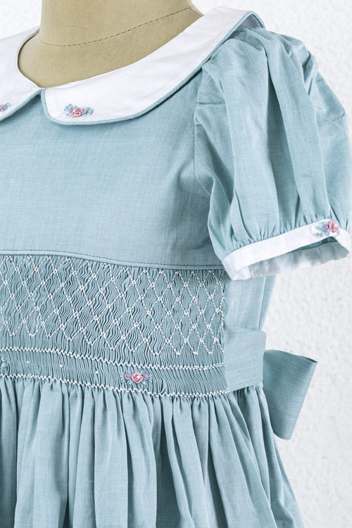 Soleilclo Turquoise Peter Pan Collar Hand Smocked Cotton Dress - Image 6