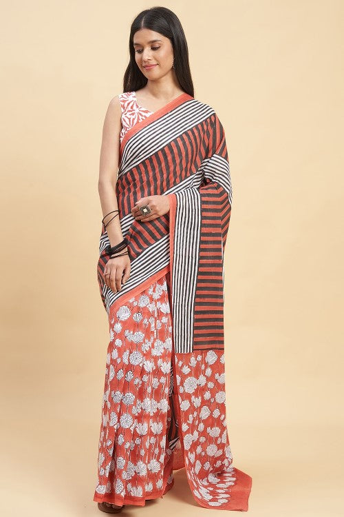 Sooti Syahi "Amaryllis Red'' Block Printed Cotton Saree - Image 3