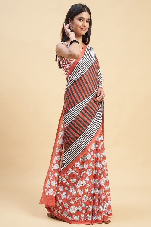 Sooti Syahi "Amaryllis Red'' Block Printed Cotton Saree - Image 4