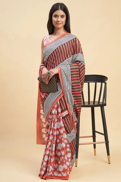 Sooti Syahi "Amaryllis Red'' Block Printed Cotton Saree - Image 5
