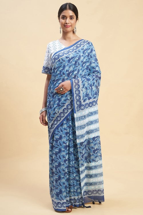 Sooti Syahi "Autumnal Blue'' Block Printed Cotton Saree