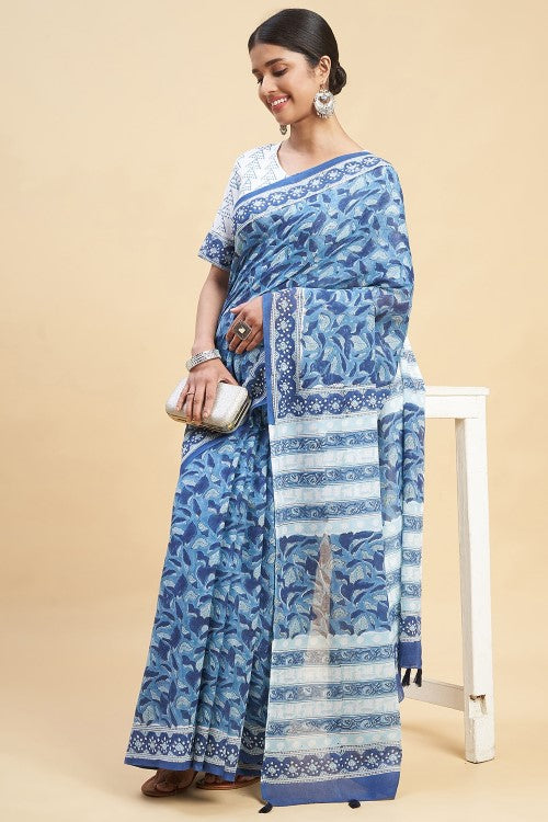 Sooti Syahi "Autumnal Blue'' Block Printed Cotton Saree - Image 2