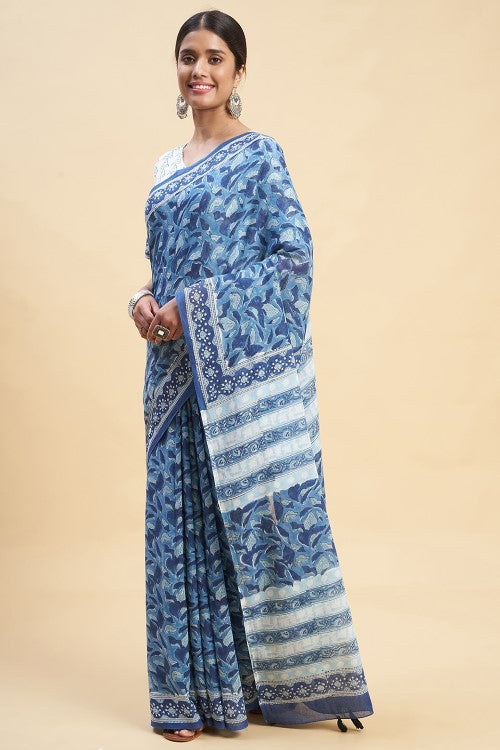 Sooti Syahi "Autumnal Blue'' Block Printed Cotton Saree - Image 4