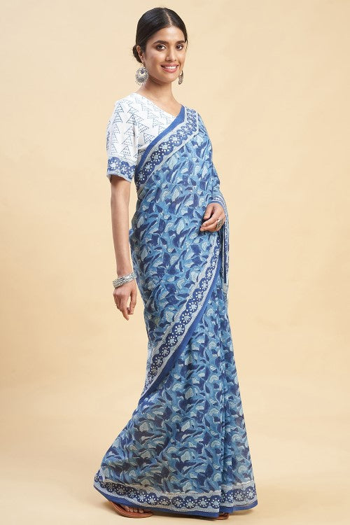 Sooti Syahi "Autumnal Blue'' Block Printed Cotton Saree - Image 5