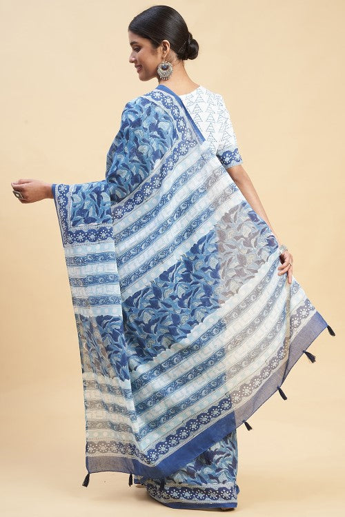 Sooti Syahi "Autumnal Blue'' Block Printed Cotton Saree - Image 6