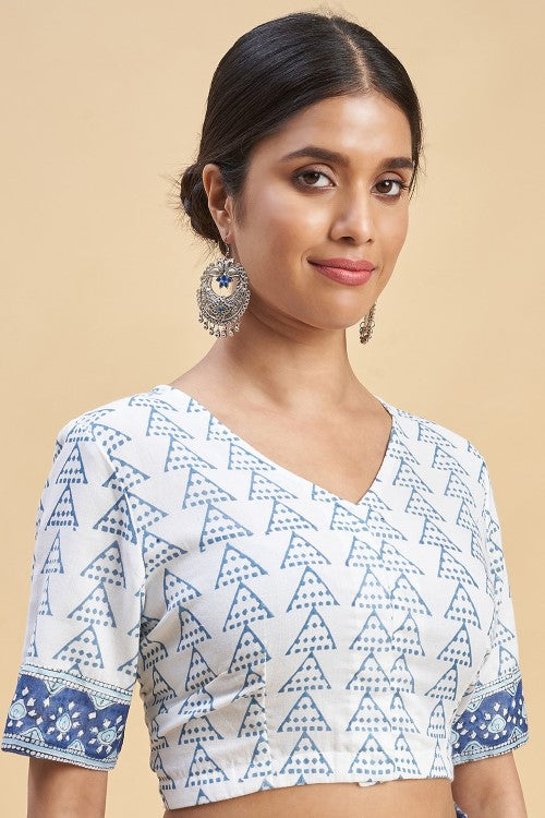 Sooti Syahi "Autumnal Blue'' Block Printed Cotton Saree - Image 7