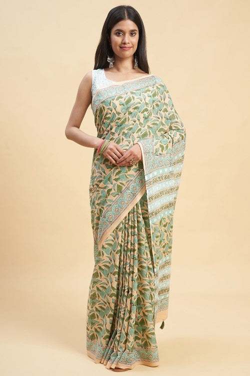 Sooti Syahi "Autumnal Peach'' Block Printed Cotton Saree
