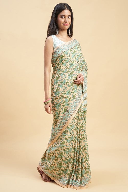 Sooti Syahi "Autumnal Peach'' Block Printed Cotton Saree - Image 3