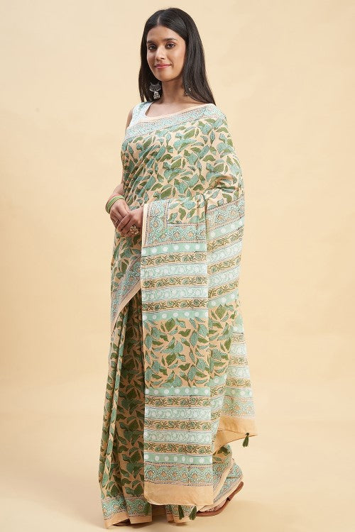 Sooti Syahi "Autumnal Peach'' Block Printed Cotton Saree - Image 4