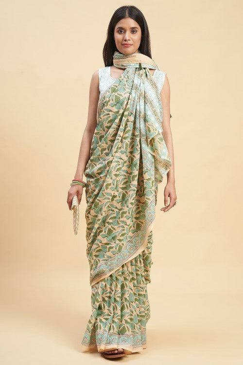 Sooti Syahi "Autumnal Peach'' Block Printed Cotton Saree - Image 5