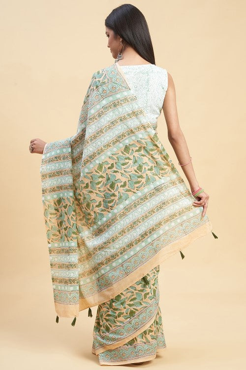 Sooti Syahi "Autumnal Peach'' Block Printed Cotton Saree - Image 6