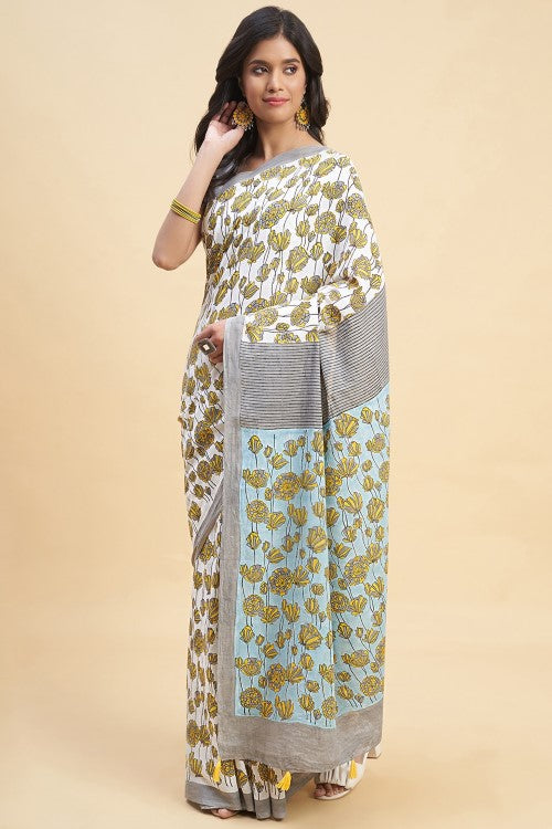 Sooti Syahi "Azalia Gray" Handblock Print Mul Cotton Saree