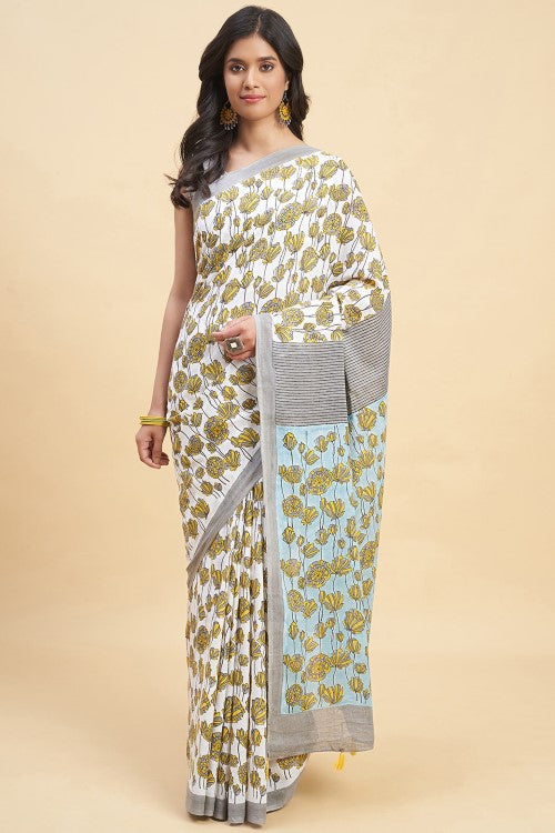 Sooti Syahi "Azalia Gray" Handblock Print Mul Cotton Saree - Image 2
