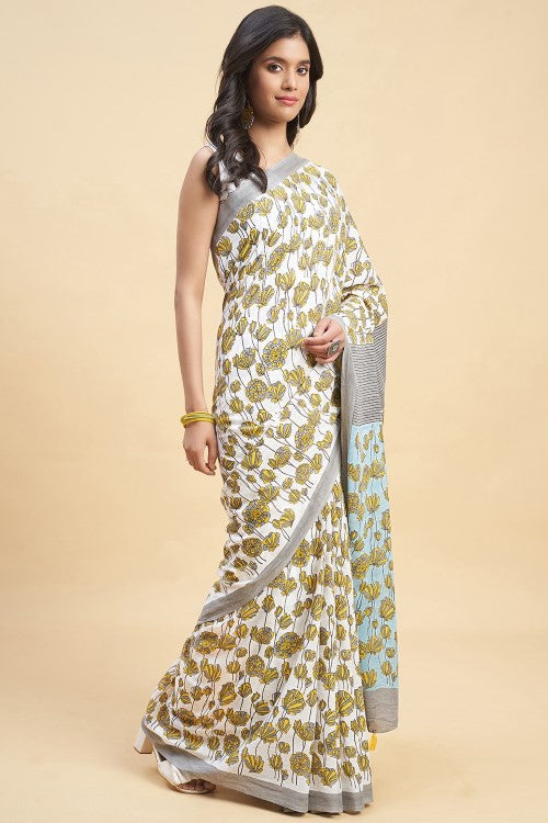 Sooti Syahi "Azalia Gray" Handblock Print Mul Cotton Saree - Image 3