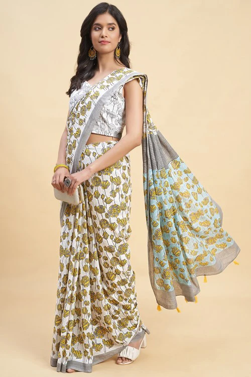 Sooti Syahi "Azalia Gray" Handblock Print Mul Cotton Saree - Image 4