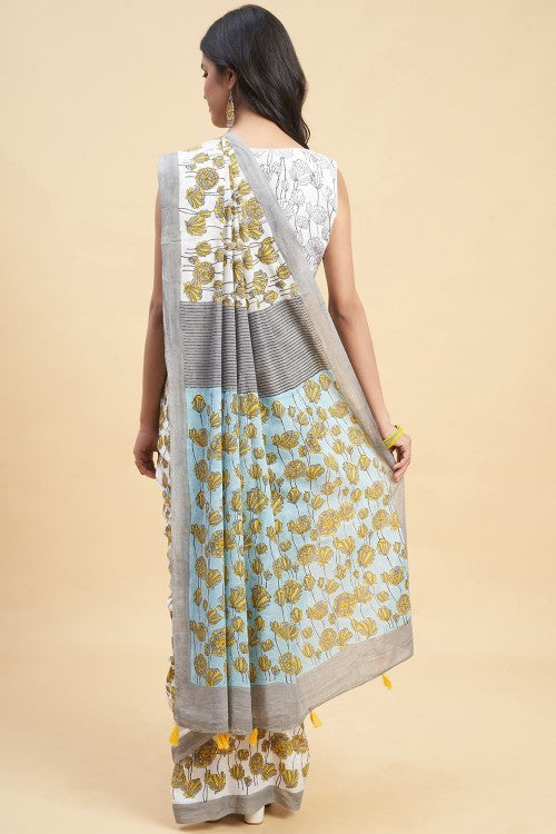 Sooti Syahi "Azalia Gray" Handblock Print Mul Cotton Saree - Image 5