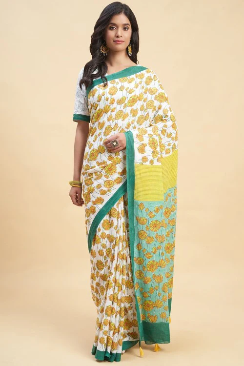 Sooti Syahi "Azalia Green" Handblock Print Mul Cotton Saree