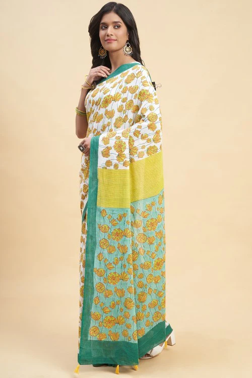 Sooti Syahi "Azalia Green" Handblock Print Mul Cotton Saree - Image 2
