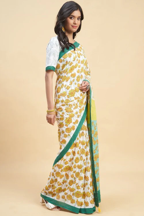 Sooti Syahi "Azalia Green" Handblock Print Mul Cotton Saree - Image 3