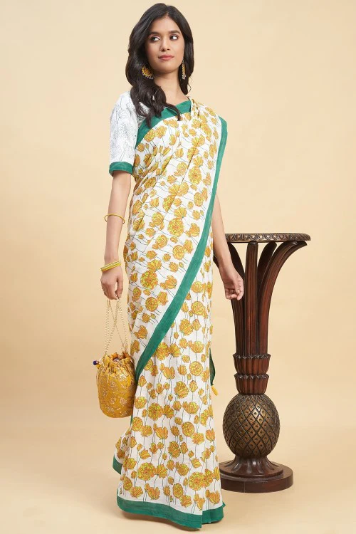 Sooti Syahi "Azalia Green" Handblock Print Mul Cotton Saree - Image 4