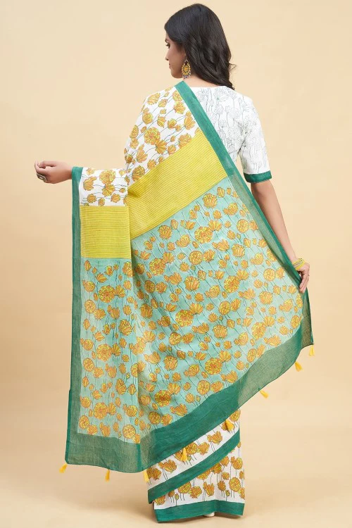 Sooti Syahi "Azalia Green" Handblock Print Mul Cotton Saree - Image 5