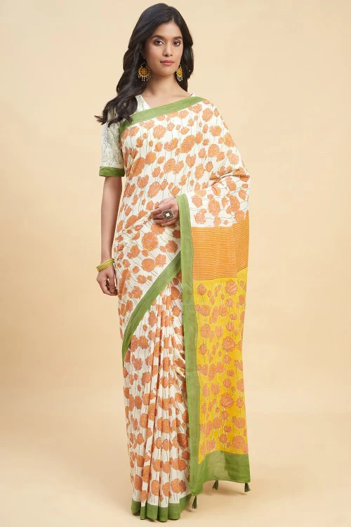 Sooti Syahi "Azalia Orange" Handblock Print Mul Cotton Saree - Image 2