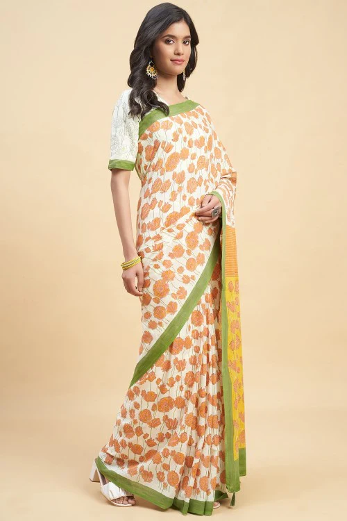 Sooti Syahi "Azalia Orange" Handblock Print Mul Cotton Saree - Image 3