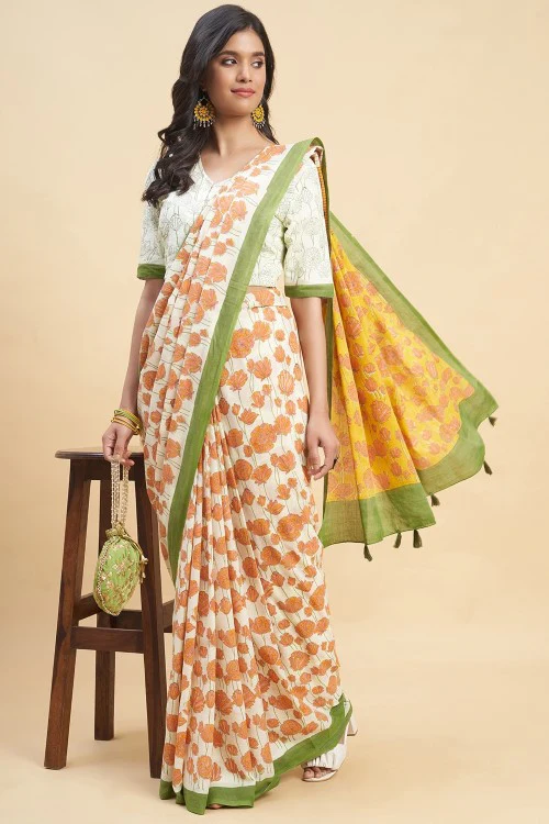 Sooti Syahi "Azalia Orange" Handblock Print Mul Cotton Saree - Image 4