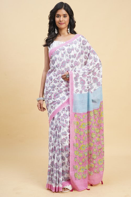 Sooti Syahi "Azalia Pink" Handblock Print Mul Cotton Saree