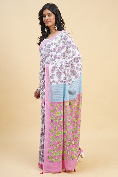 Sooti Syahi "Azalia Pink" Handblock Print Mul Cotton Saree - Image 2