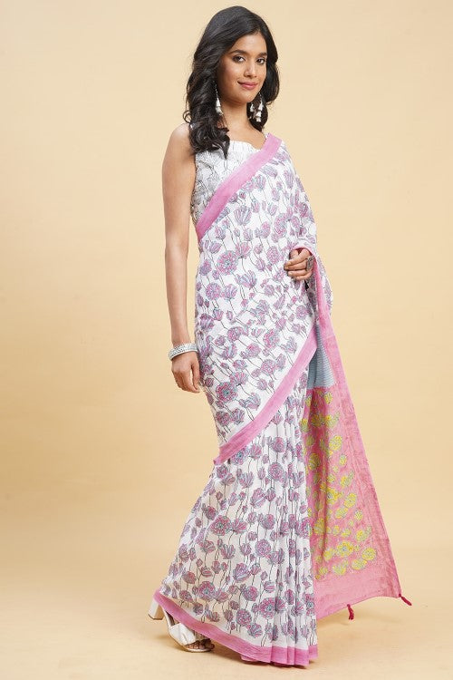 Sooti Syahi "Azalia Pink" Handblock Print Mul Cotton Saree - Image 3