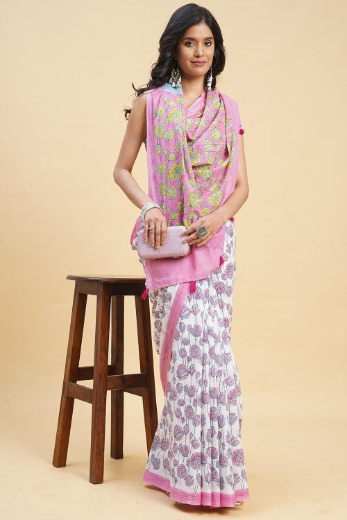 Sooti Syahi "Azalia Pink" Handblock Print Mul Cotton Saree - Image 4