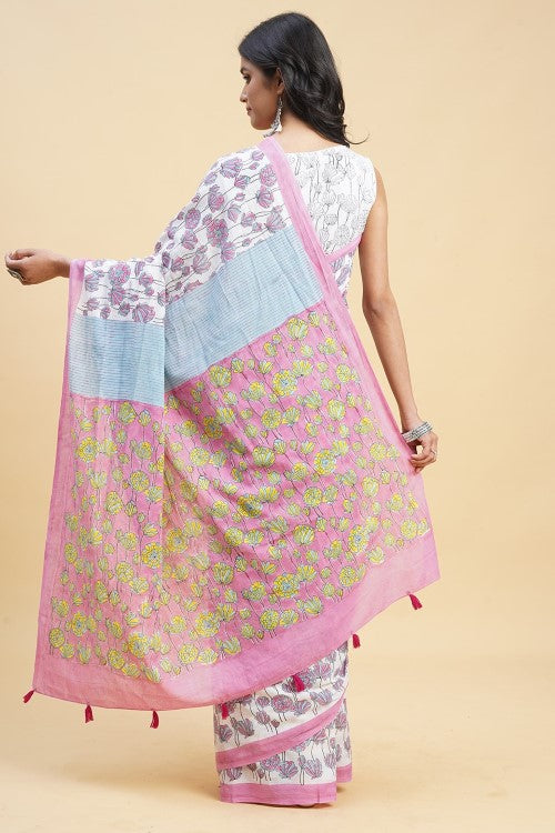 Sooti Syahi "Azalia Pink" Handblock Print Mul Cotton Saree - Image 5