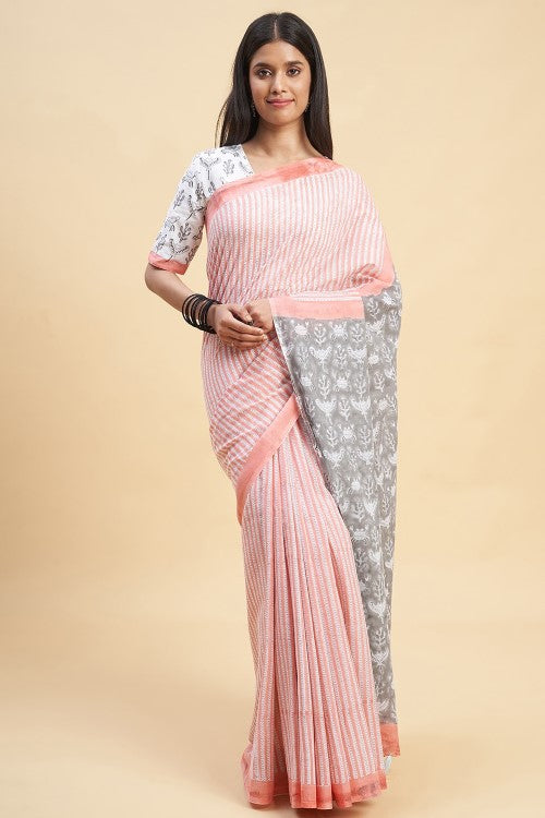 Sooti Syahi " Azalia Yellow" Handblock Print Mul Cotton Pink Saree