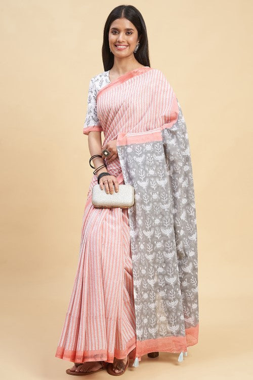 Sooti Syahi " Azalia Yellow" Handblock Print Mul Cotton Pink Saree - Image 2