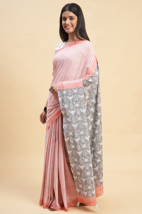 Sooti Syahi " Azalia Yellow" Handblock Print Mul Cotton Pink Saree - Image 3