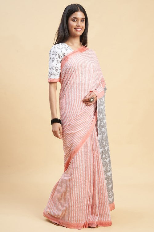 Sooti Syahi " Azalia Yellow" Handblock Print Mul Cotton Pink Saree - Image 4