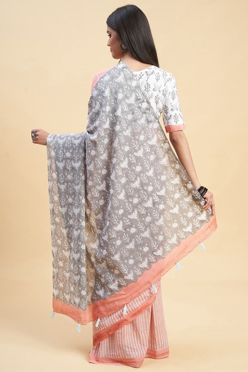 Sooti Syahi " Azalia Yellow" Handblock Print Mul Cotton Pink Saree - Image 5