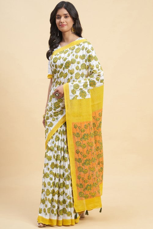 Sooti Syahi " Azalia Yellow" Handblock Print Mul Cotton Saree