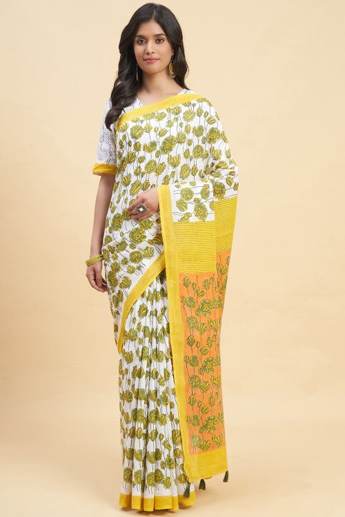 Sooti Syahi " Azalia Yellow" Handblock Print Mul Cotton Saree - Image 2