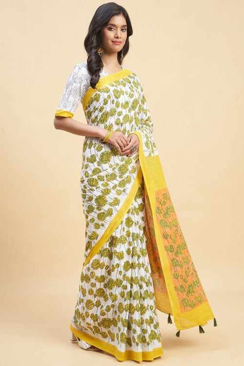 Sooti Syahi " Azalia Yellow" Handblock Print Mul Cotton Saree - Image 3