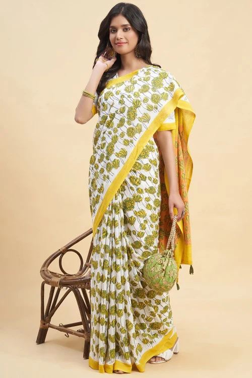 Sooti Syahi " Azalia Yellow" Handblock Print Mul Cotton Saree - Image 4