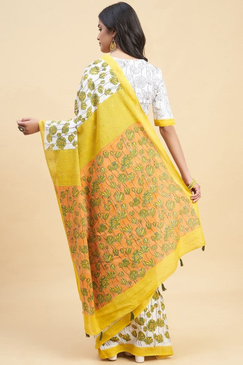 Sooti Syahi " Azalia Yellow" Handblock Print Mul Cotton Saree - Image 5