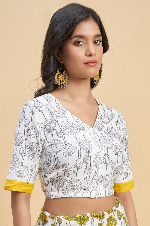 Sooti Syahi " Azalia Yellow" Handblock Print Mul Cotton Saree - Image 6