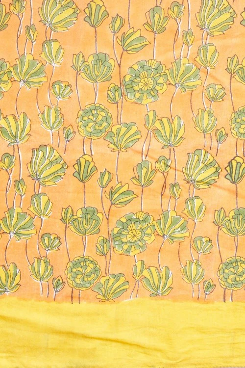 Sooti Syahi " Azalia Yellow" Handblock Print Mul Cotton Saree - Image 7