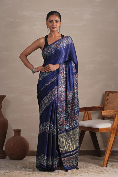 Sooti Syahi ' Azure Blossom' Hand Block Printed Modal Tissue Saree