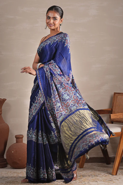 Sooti Syahi ' Azure Blossom' Hand Block Printed Modal Tissue Saree - Image 10