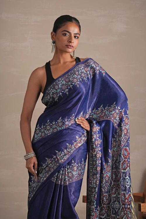 Sooti Syahi ' Azure Blossom' Hand Block Printed Modal Tissue Saree - Image 2
