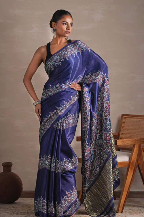 Sooti Syahi ' Azure Blossom' Hand Block Printed Modal Tissue Saree - Image 5