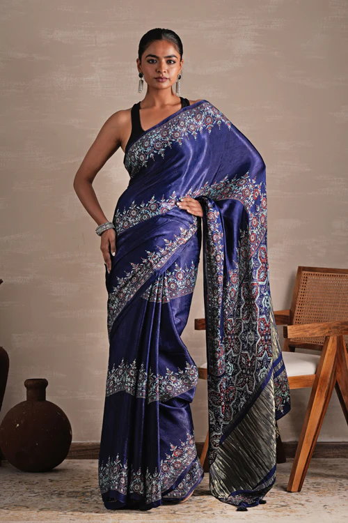 Sooti Syahi ' Azure Blossom' Hand Block Printed Modal Tissue Saree - Image 6
